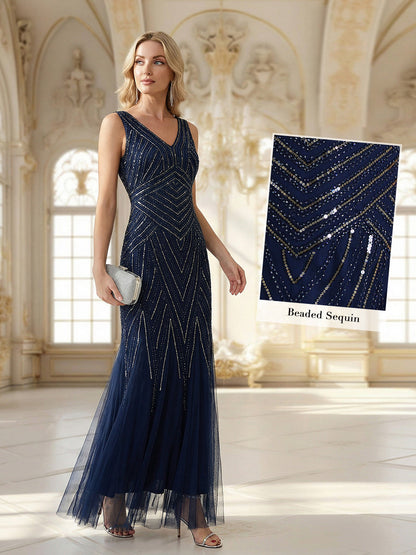 ever GLAMOUR|Deep V-Neck Sequin Sleeveless Evening Dress