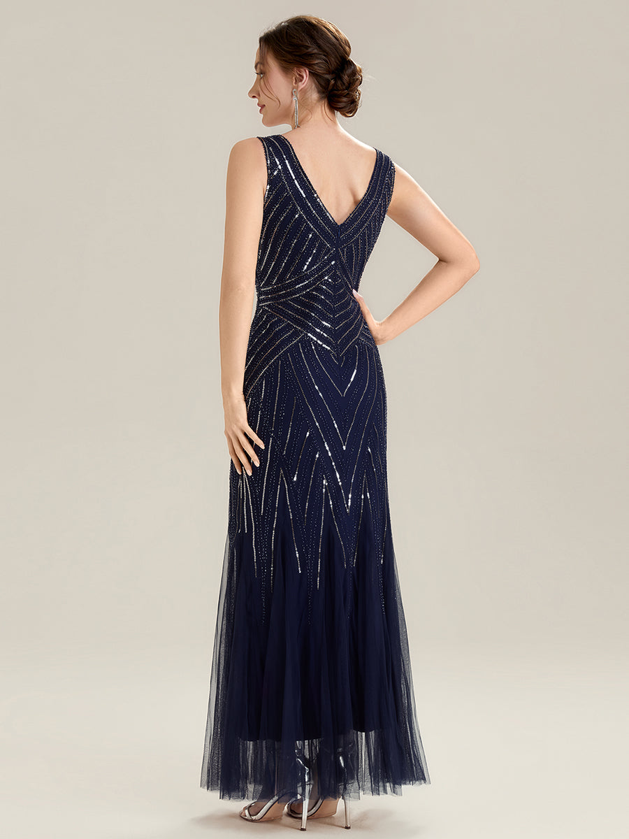 ever GLAMOUR|Deep V-Neck Sequin Sleeveless Evening Dress