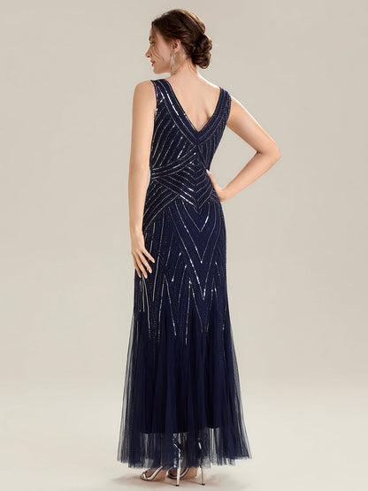 ever GLAMOUR|Deep V-Neck Sequin Sleeveless Evening Dress