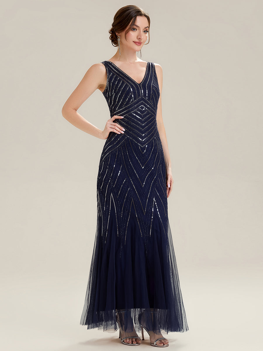 ever GLAMOUR|Deep V-Neck Sequin Sleeveless Evening Dress