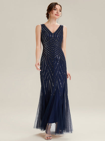 ever GLAMOUR|Deep V-Neck Sequin Sleeveless Evening Dress