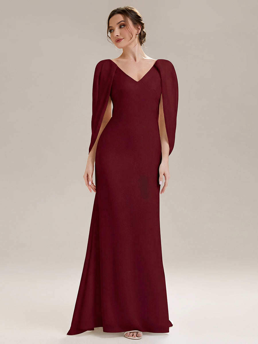 Tie-Front Knit Cape Sleeve Evening Dress
