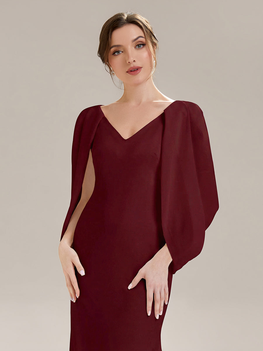Tie-Front Knit Cape Sleeve Evening Dress