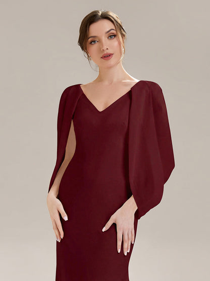 Tie-Front Knit Cape Sleeve Evening Dress