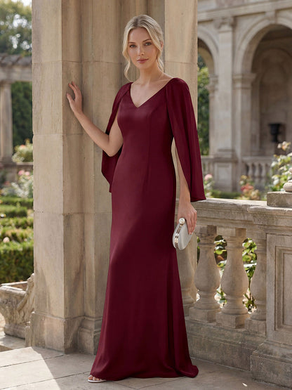 Tie-Front Knit Cape Sleeve Evening Dress