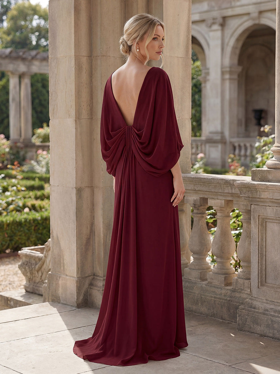 Tie-Front Knit Cape Sleeve Evening Dress
