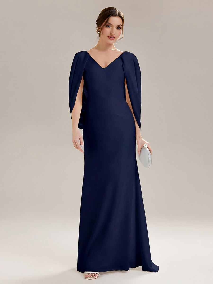 Tie-Front Knit Cape Sleeve Evening Dress
