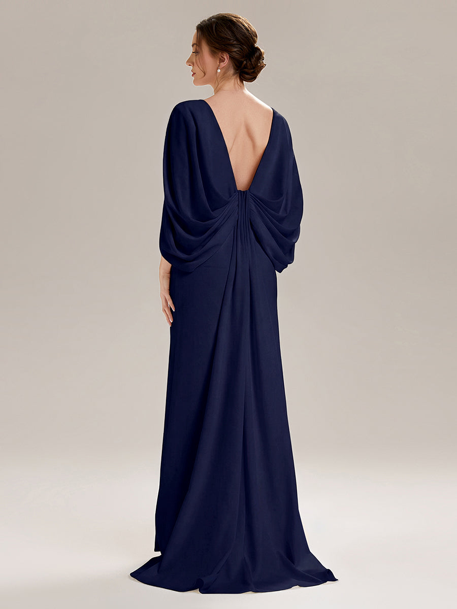 Tie-Front Knit Cape Sleeve Evening Dress