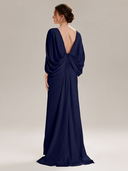 Tie-Front Knit Cape Sleeve Evening Dress
