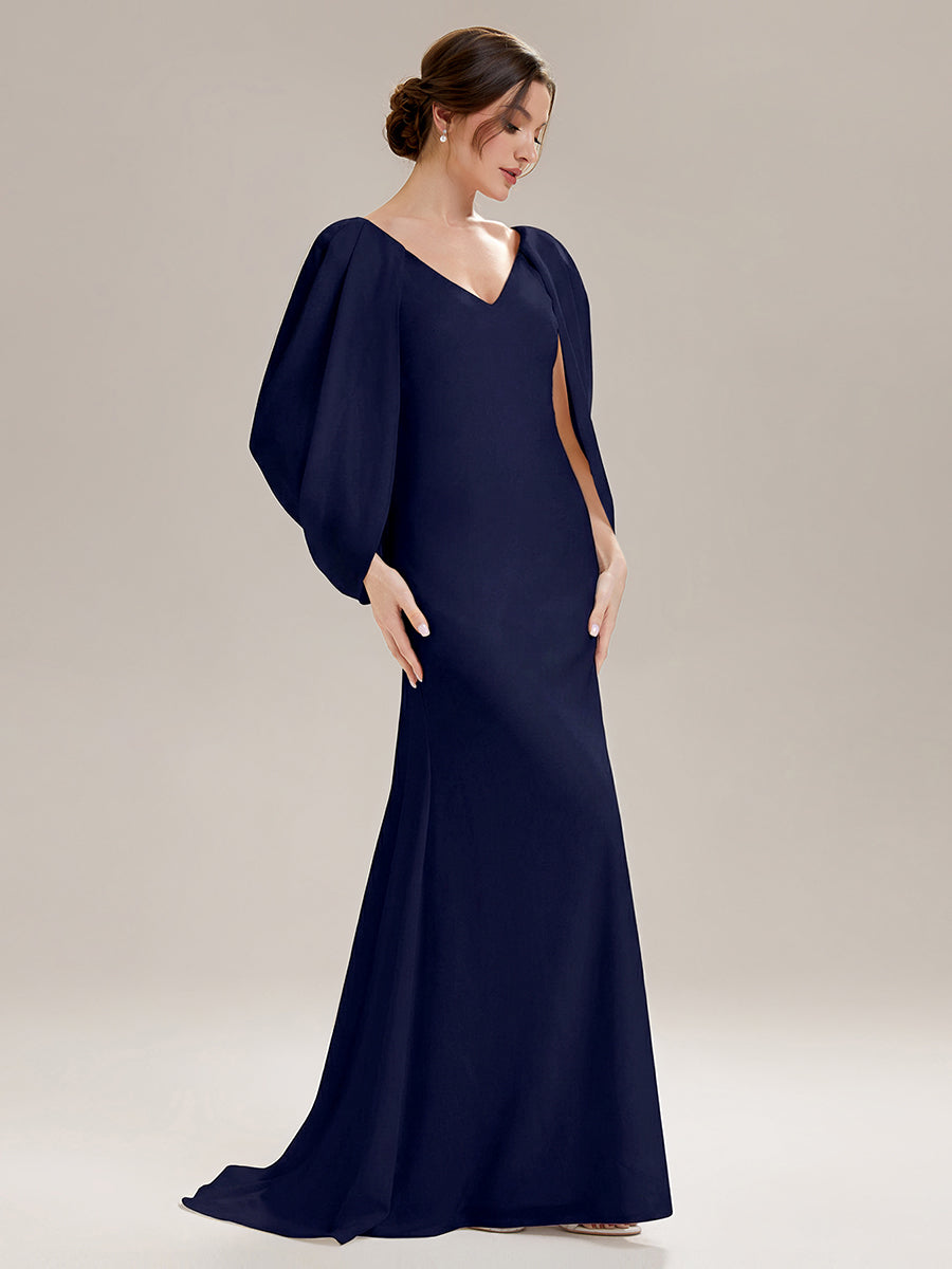 Tie-Front Knit Cape Sleeve Evening Dress