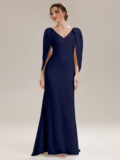 Tie-Front Knit Cape Sleeve Evening Dress