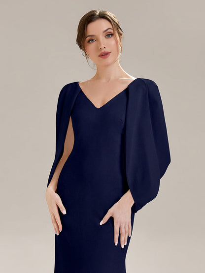 Tie-Front Knit Cape Sleeve Evening Dress