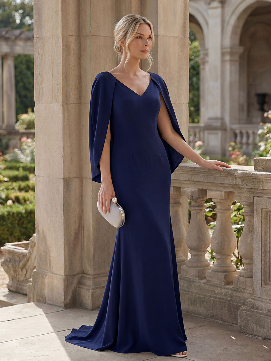 Tie-Front Knit Cape Sleeve Evening Dress