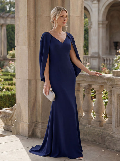 Tie-Front Knit Cape Sleeve Evening Dress