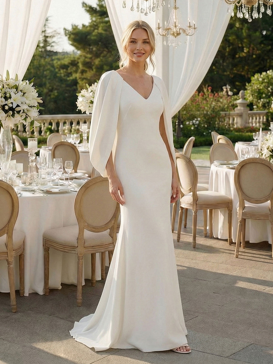 Tie-Front Knit Cape Sleeve Evening Dress