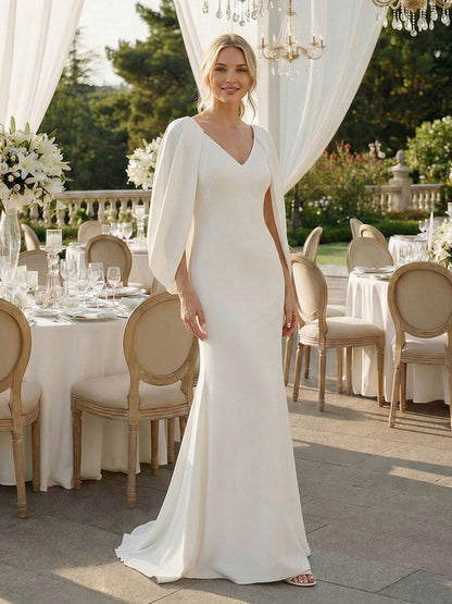 Tie-Front Knit Cape Sleeve Evening Dress