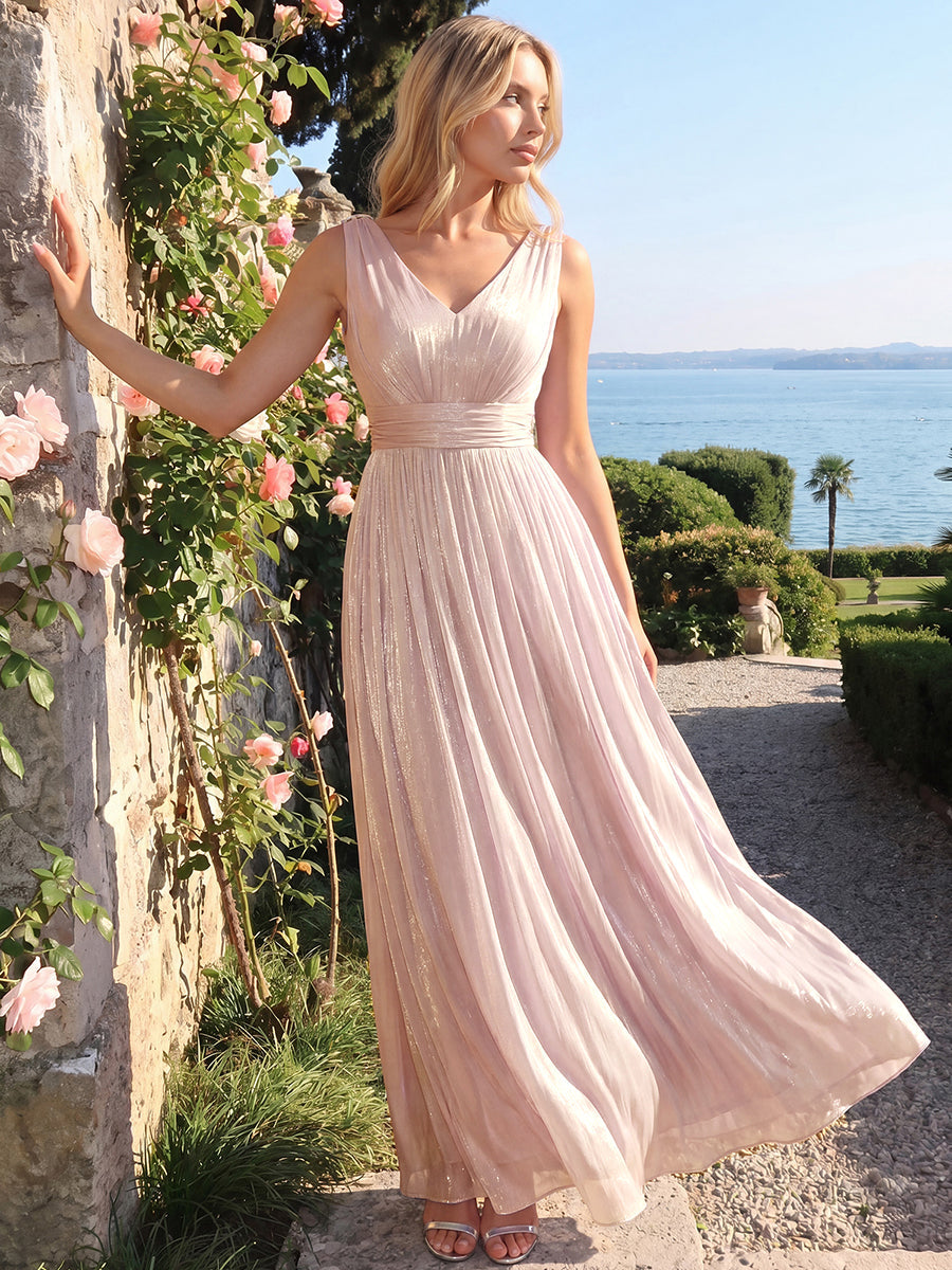 Gathered Sea-island filament fabircs Sleeveless Evening Dress