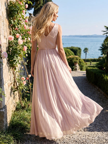 Gathered Sea-island filament fabircs Sleeveless Evening Dress