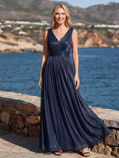 Gathered Sea-island filament fabircs Sleeveless Evening Dress