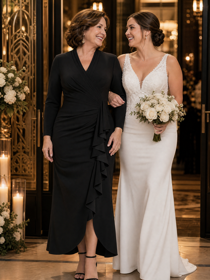 Plus Size Long Sleeve Slit Crepe Evening Dress