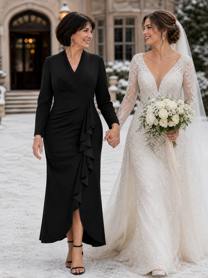 Ruffle Crepe Long Sleeve Evening Dress