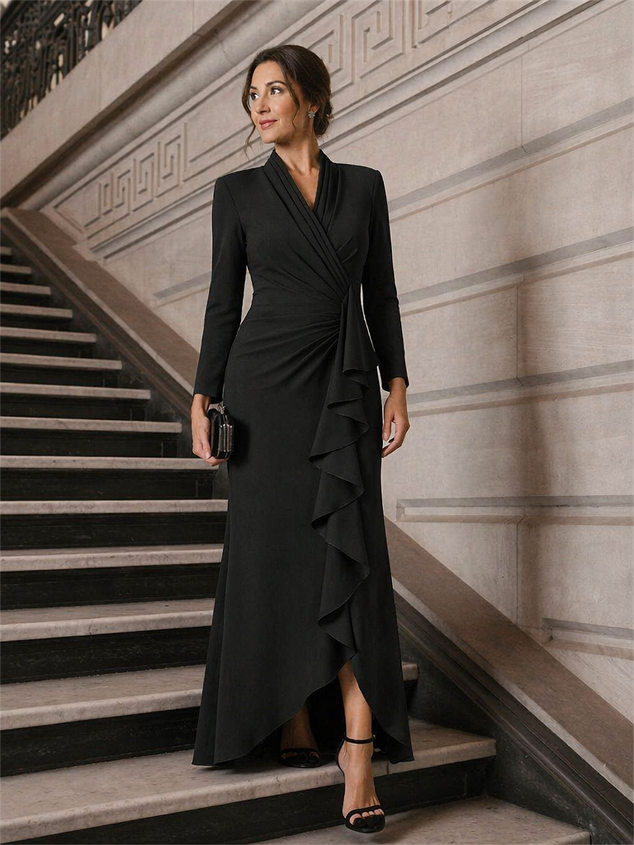 Ruffle Crepe Long Sleeve Evening Dress