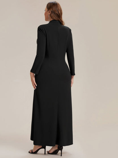 Ruffle Crepe Long Sleeve Evening Dress