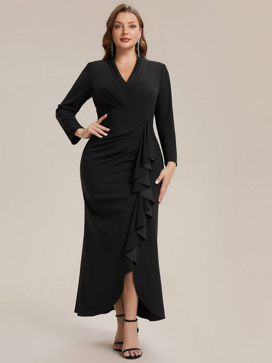 Plus Size Long Sleeve Slit Crepe Evening Dress