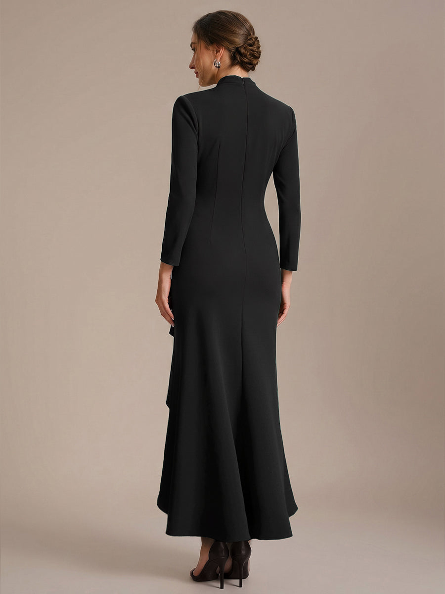 Ruffle Crepe Long Sleeve Evening Dress