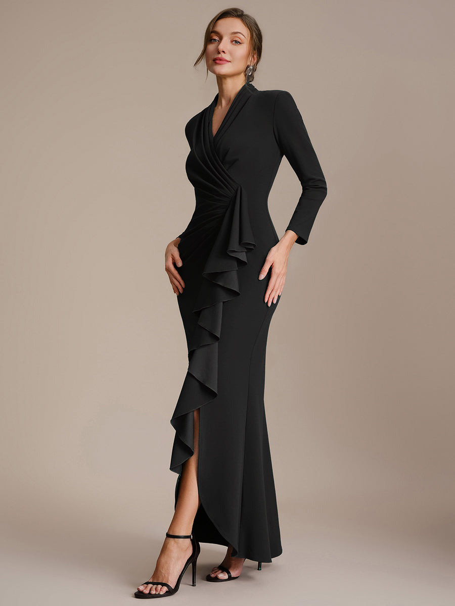 Ruffle Crepe Long Sleeve Evening Dress