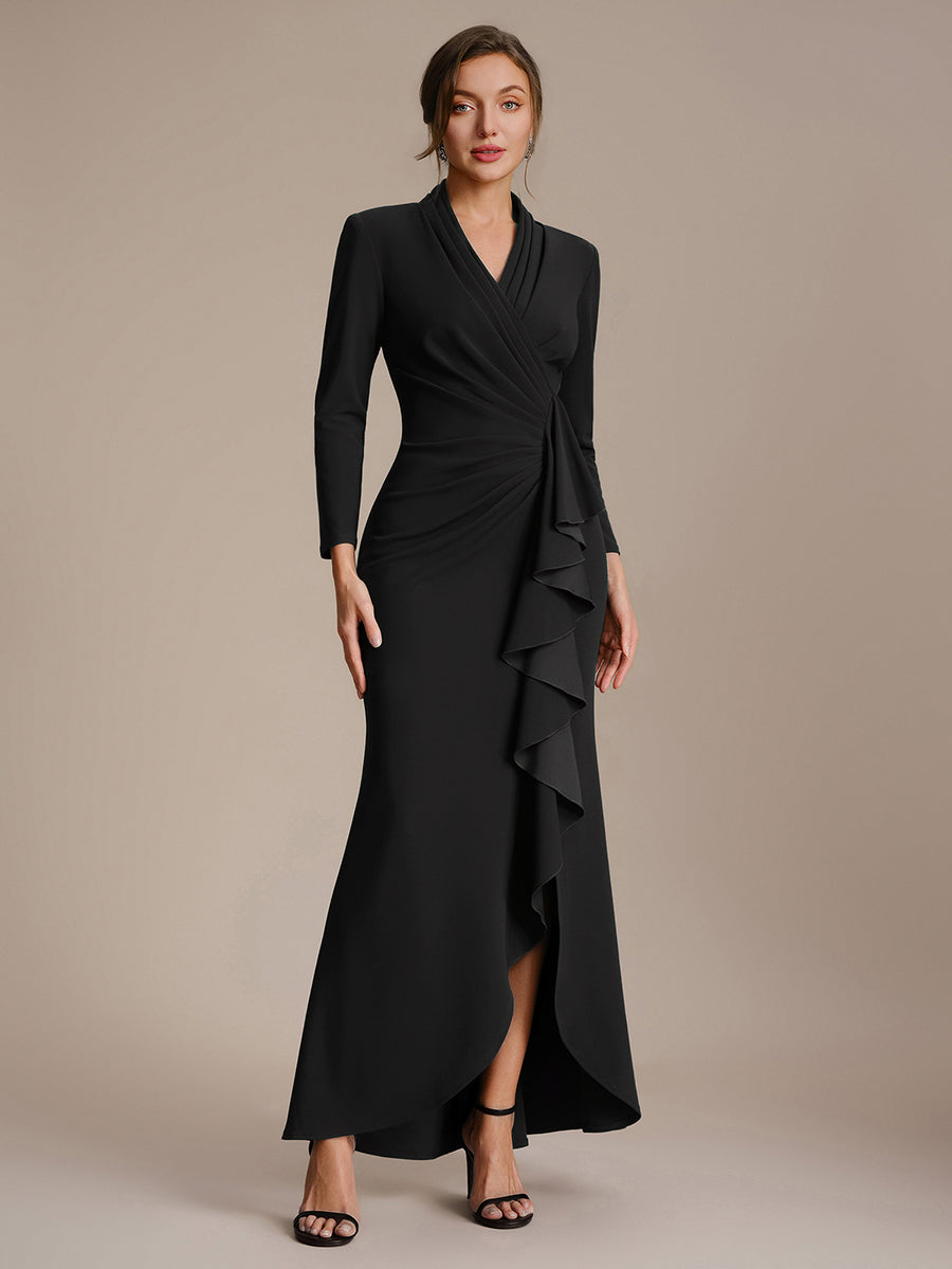 Ruffle Crepe Long Sleeve Evening Dress