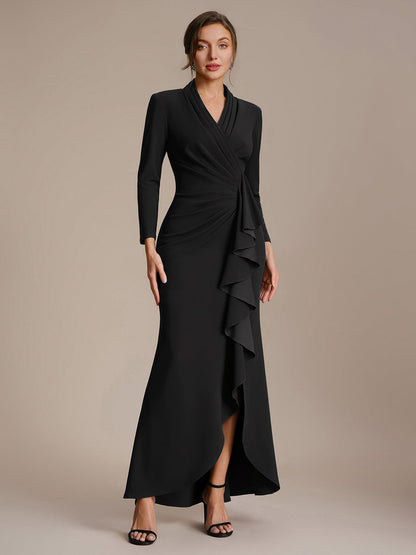 Ruffle Crepe Long Sleeve Evening Dress
