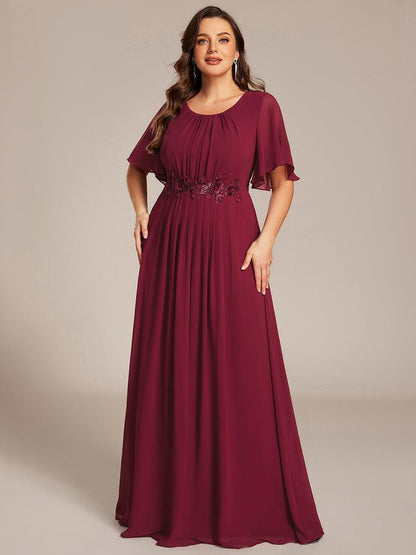 ever ASPYN|Short Sleeve Pleated Applique A-Line Floor-Length Formal Evening Dress