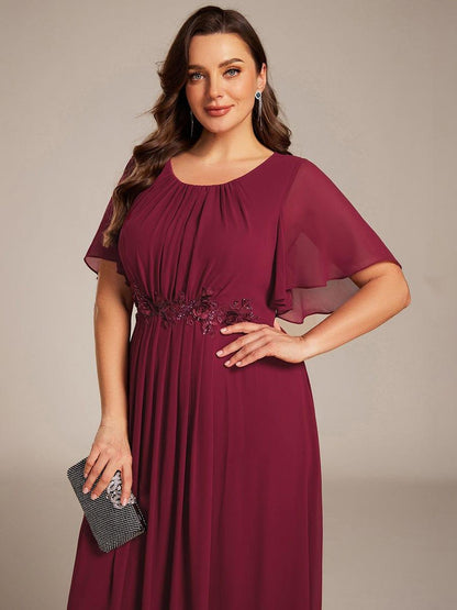 ever ASPYN|Short Sleeve Pleated Applique A-Line Floor-Length Formal Evening Dress