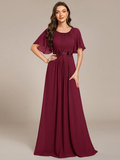 ever ASPYN|Short Sleeve Pleated Applique A-Line Floor-Length Formal Evening Dress