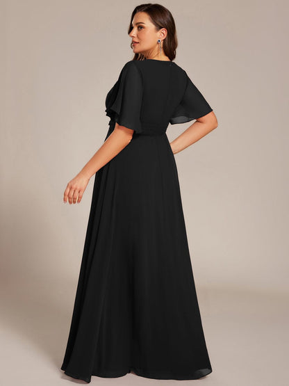 ever ASPYN|Short Sleeve Pleated Applique A-Line Floor-Length Formal Evening Dress
