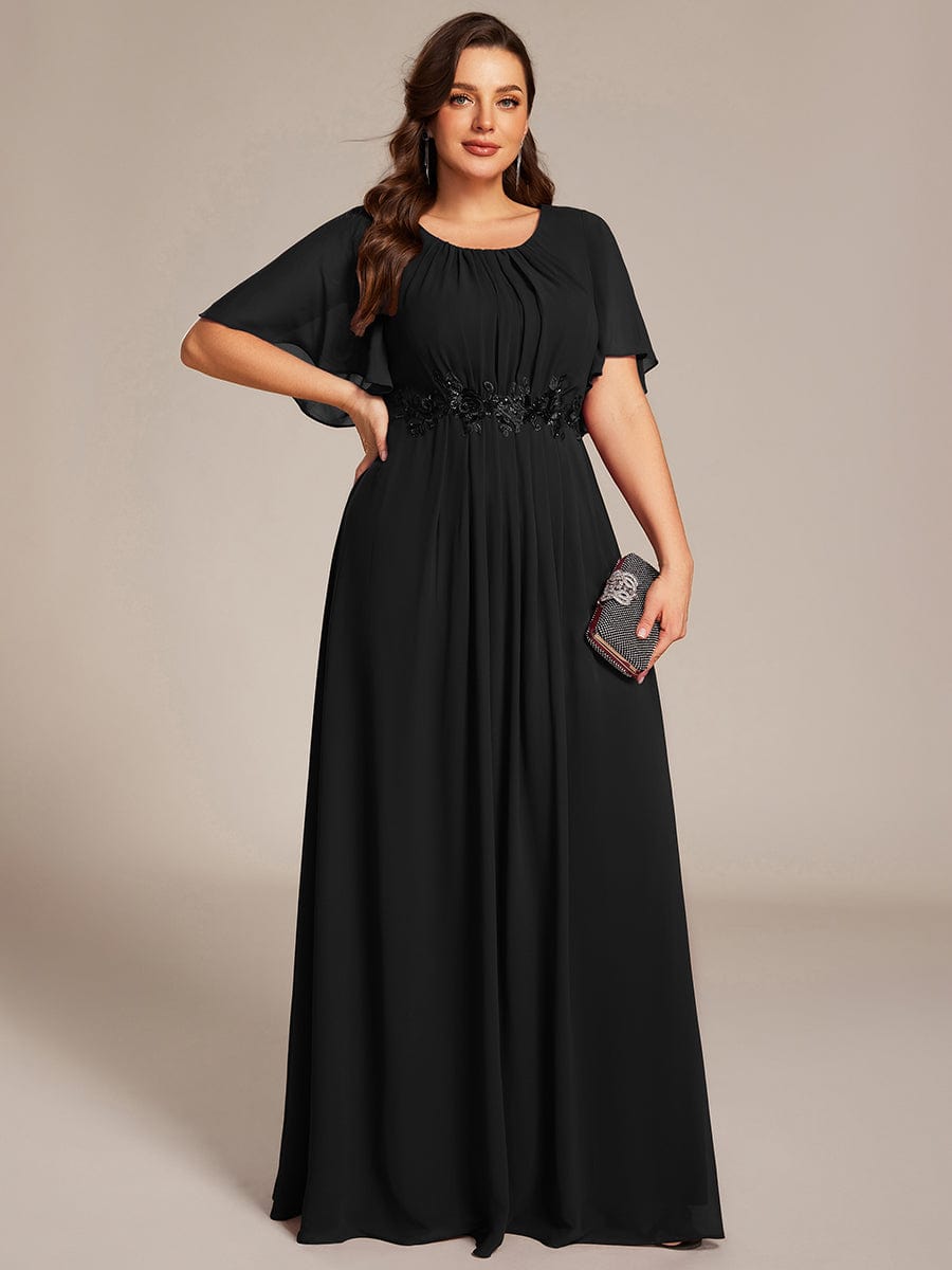 ever ASPYN|Short Sleeve Pleated Applique A-Line Floor-Length Formal Evening Dress