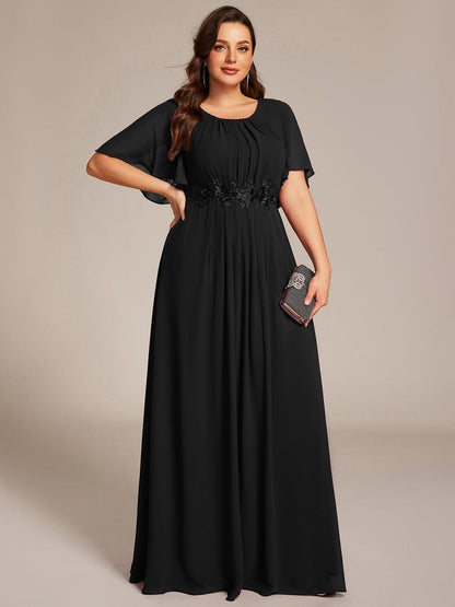 ever ASPYN|Short Sleeve Pleated Applique A-Line Floor-Length Formal Evening Dress