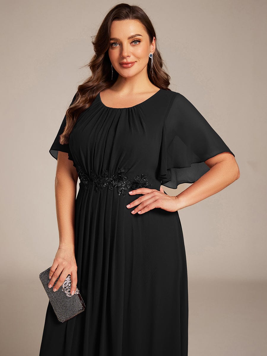 ever ASPYN|Short Sleeve Pleated Applique A-Line Floor-Length Formal Evening Dress