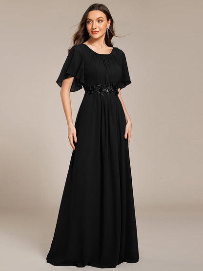 ever ASPYN|Short Sleeve Pleated Applique A-Line Floor-Length Formal Evening Dress