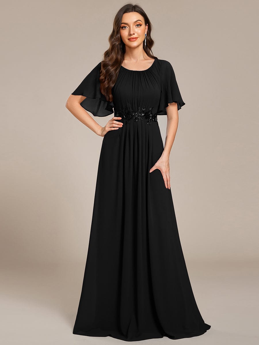 ever ASPYN|Short Sleeve Pleated Applique A-Line Floor-Length Formal Evening Dress
