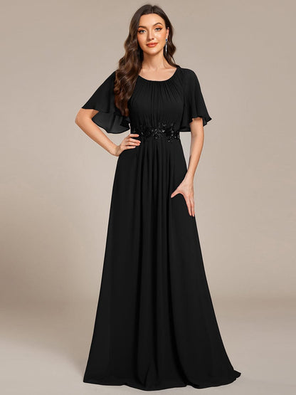 ever ASPYN|Short Sleeve Pleated Applique A-Line Floor-Length Formal Evening Dress
