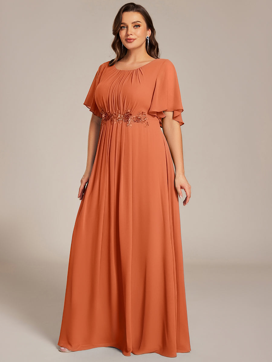 ever ASPYN|Short Sleeve Pleated Applique A-Line Floor-Length Formal Evening Dress