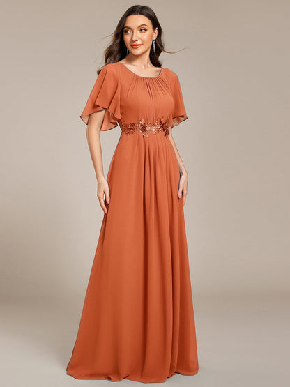 ever ASPYN|Short Sleeve Pleated Applique A-Line Floor-Length Formal Evening Dress
