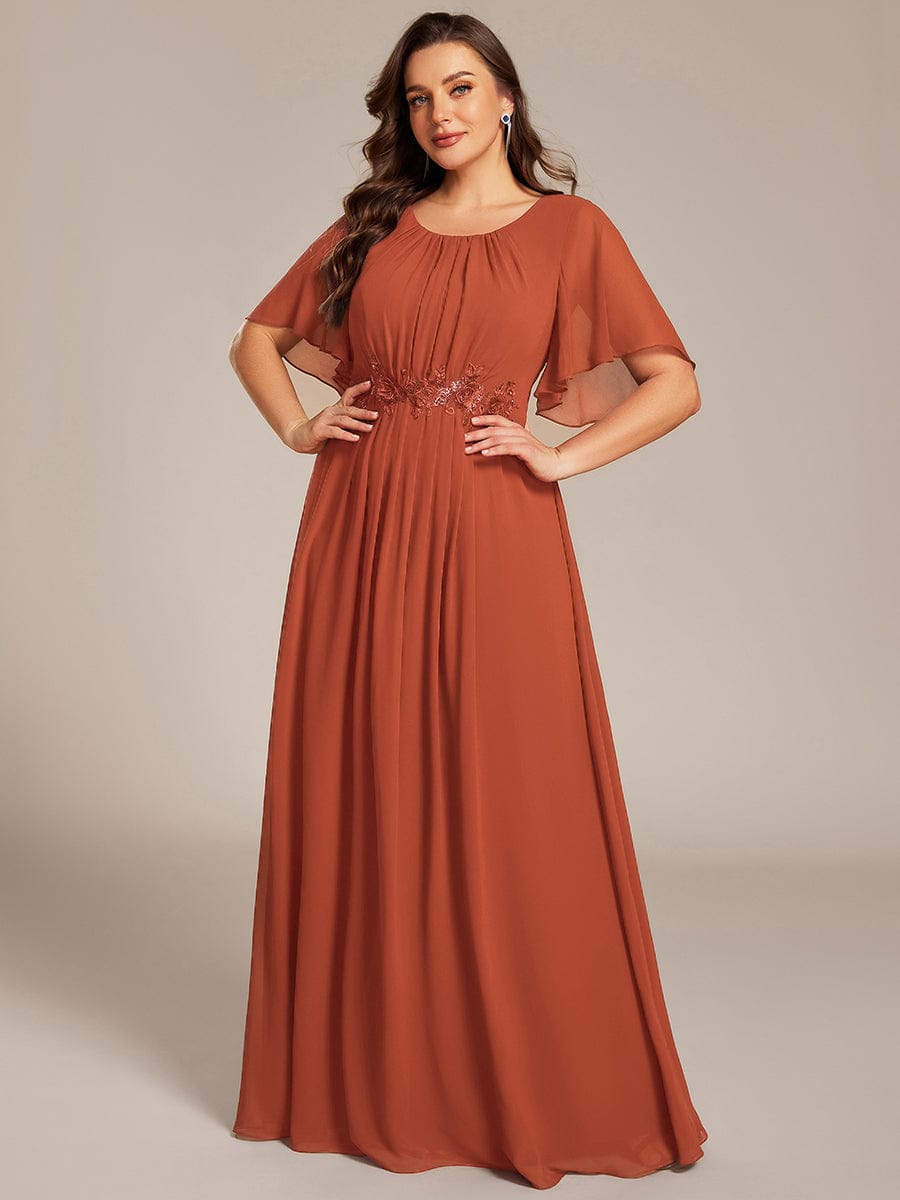 ever ASPYN|Short Sleeve Pleated Applique A-Line Floor-Length Formal Evening Dress