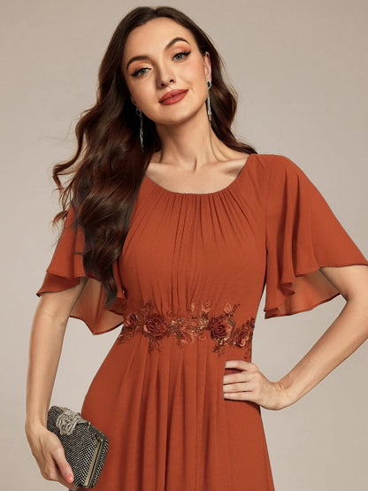 ever ASPYN|Short Sleeve Pleated Applique A-Line Floor-Length Formal Evening Dress