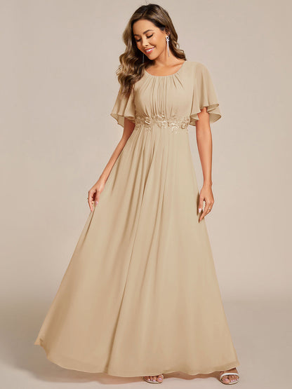 ever ASPYN|Short Sleeve Pleated Applique A-Line Floor-Length Formal Evening Dress