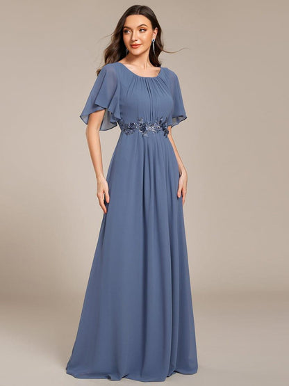 ever ASPYN|Short Sleeve Pleated Applique A-Line Floor-Length Formal Evening Dress