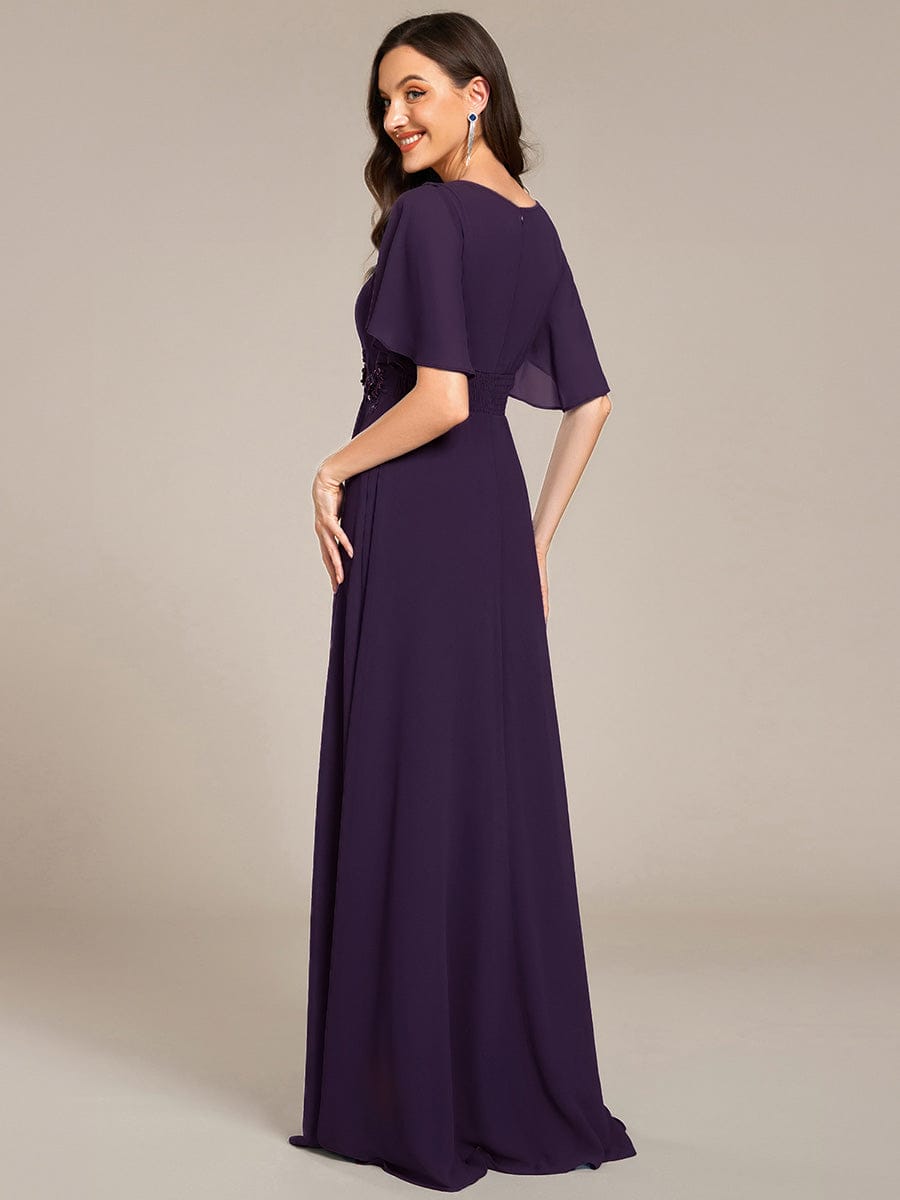 ever ASPYN|Short Sleeve Pleated Applique A-Line Floor-Length Formal Evening Dress