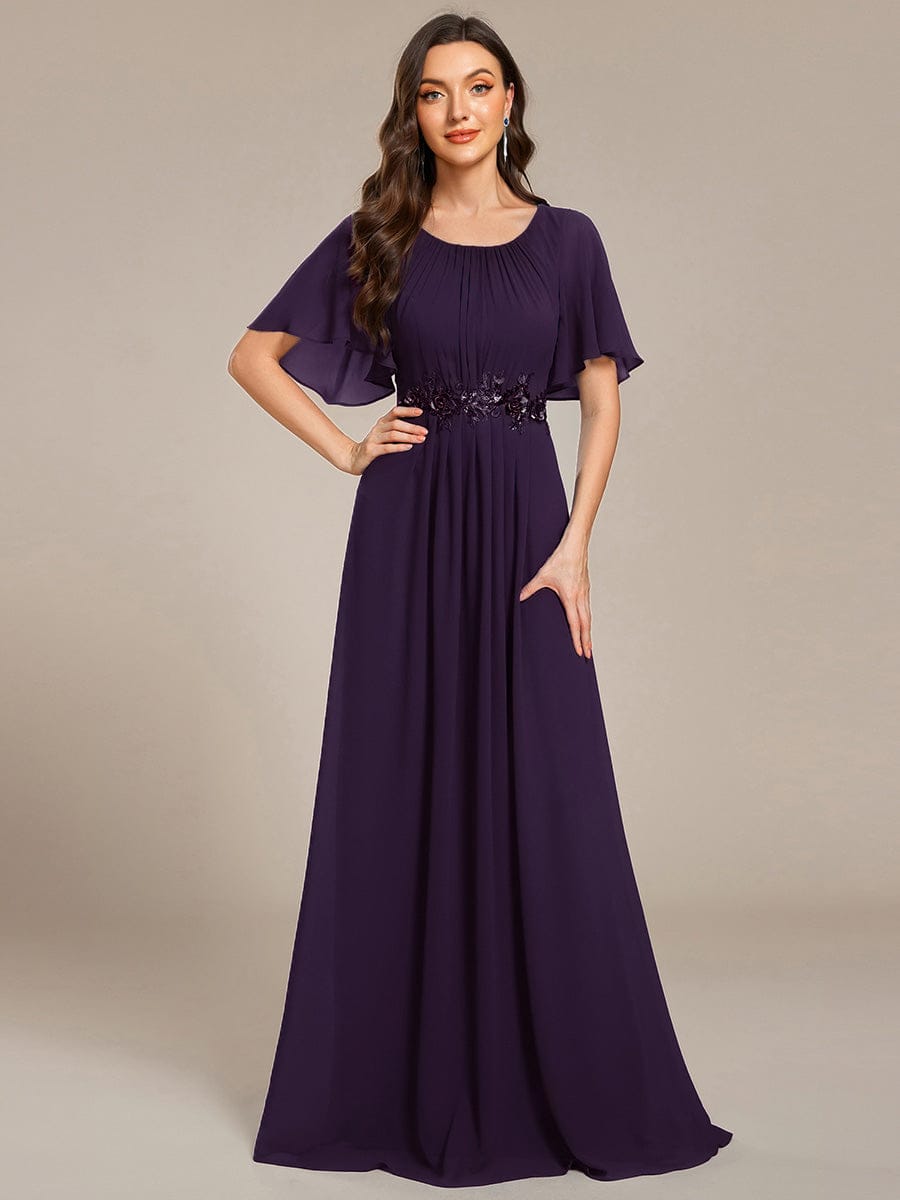 ever ASPYN|Short Sleeve Pleated Applique A-Line Floor-Length Formal Evening Dress